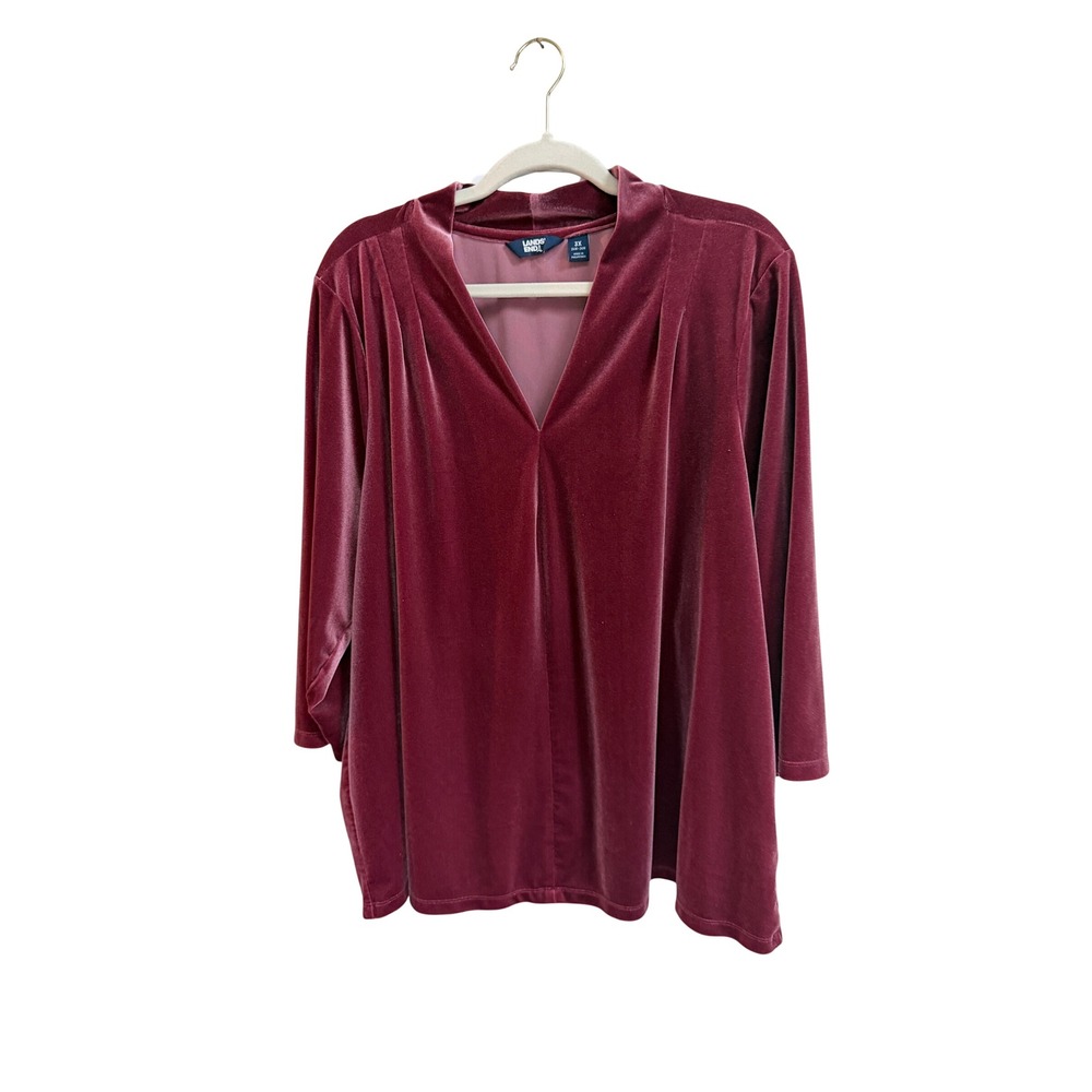 Lands End Velvet Tunic Top V-Neck Pleated Berry Pink Plus Size 3X 24W-26W Luxe
